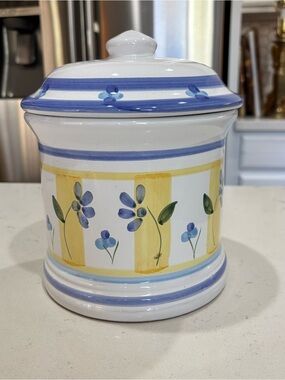 Caleca Italy Marina Blue and Yellow Floral Hand Painted Large Ceramic Canister w